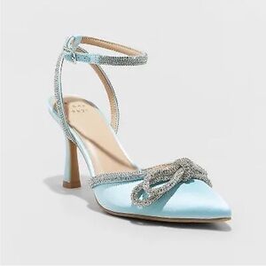A New Day Carmin Stilleto 9 Blue Heels Rhinestone Bow Silver Bling NEW Memory